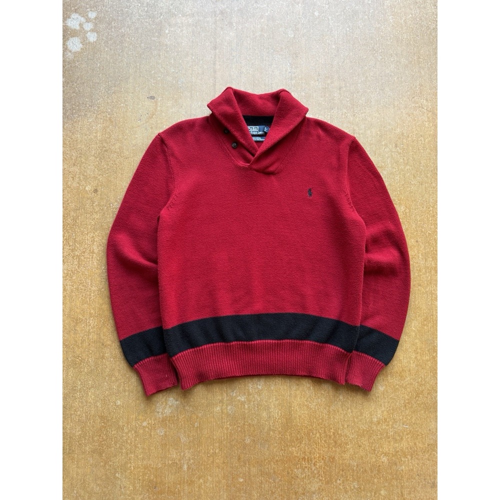 Polo Ralph Lauren Knitted Heavyweight Red Shawl Collar Sweater Preppy (L)